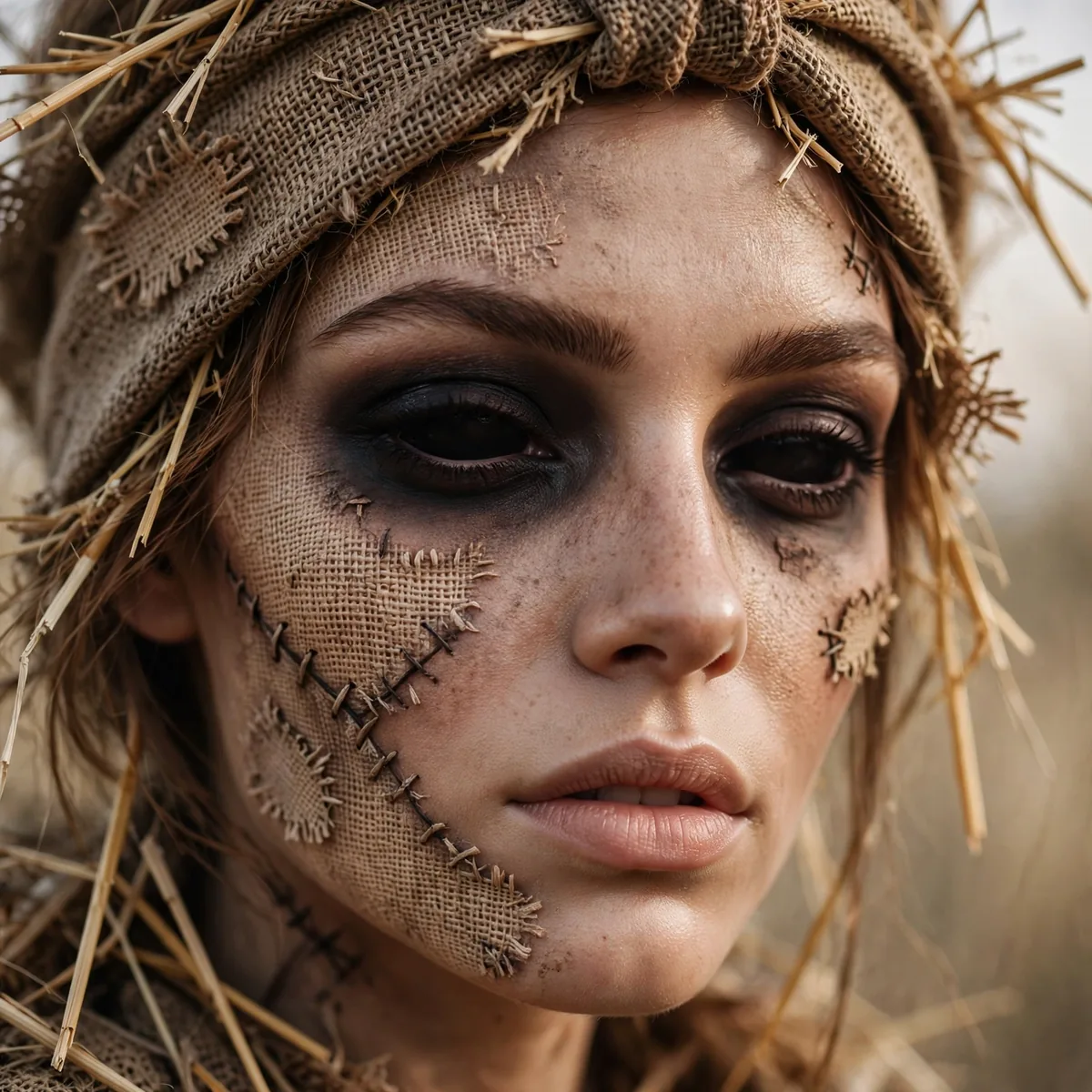 Beauty close-up of scary field scarecrow highlighting hollow dark eye sockets and skin finish