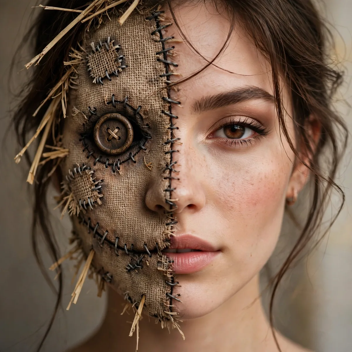 Close-up of half-face scarecrow showing scarecrow art on one side only, flawlessly blended