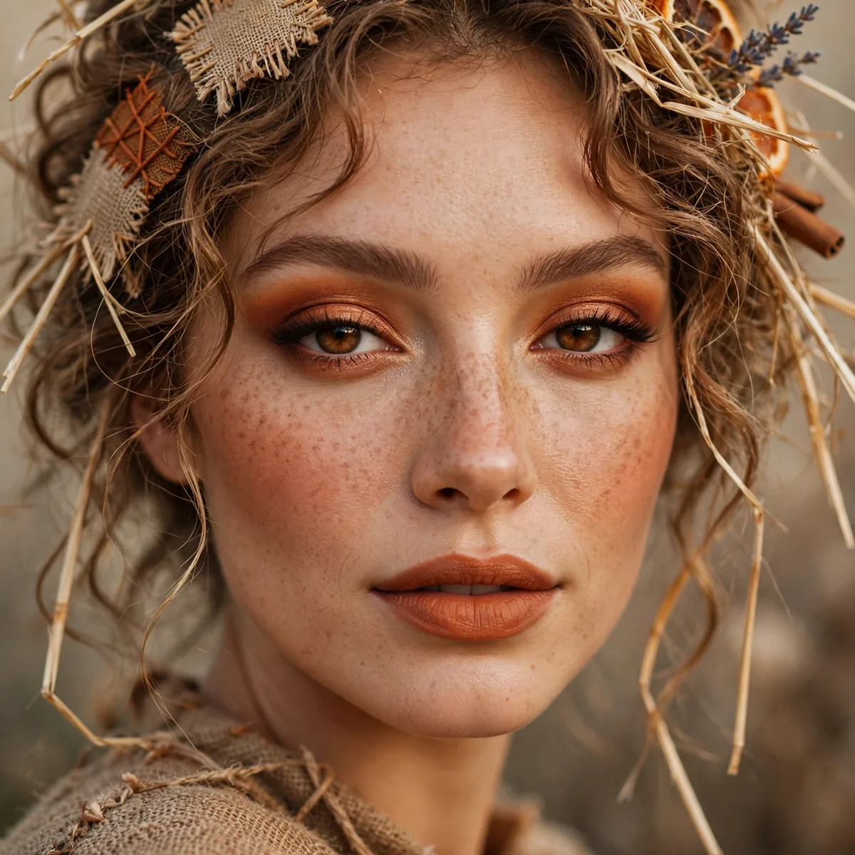 Beauty close-up of pumpkin spice scarecrow highlighting burnt orange and cinnamon tones and skin finish