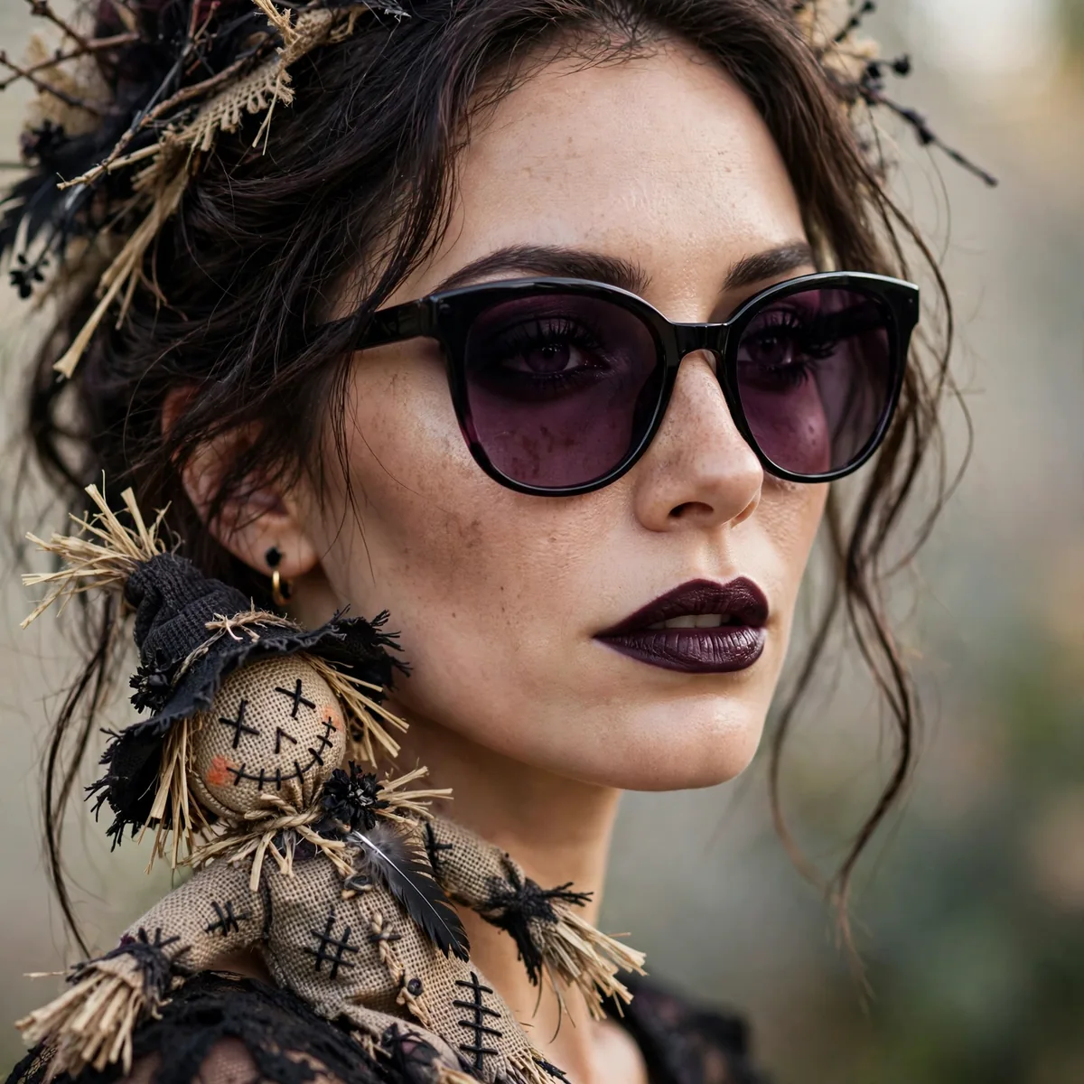 Woman with gothic scarecrow, deep plum and black shades clearly visible in daylight