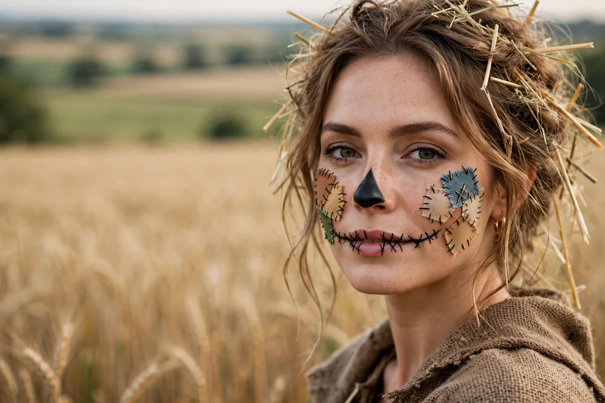 Woman with cute scarecrow Halloween makeup featuring a stitched smile, patchwork cheeks, and a triangle nose