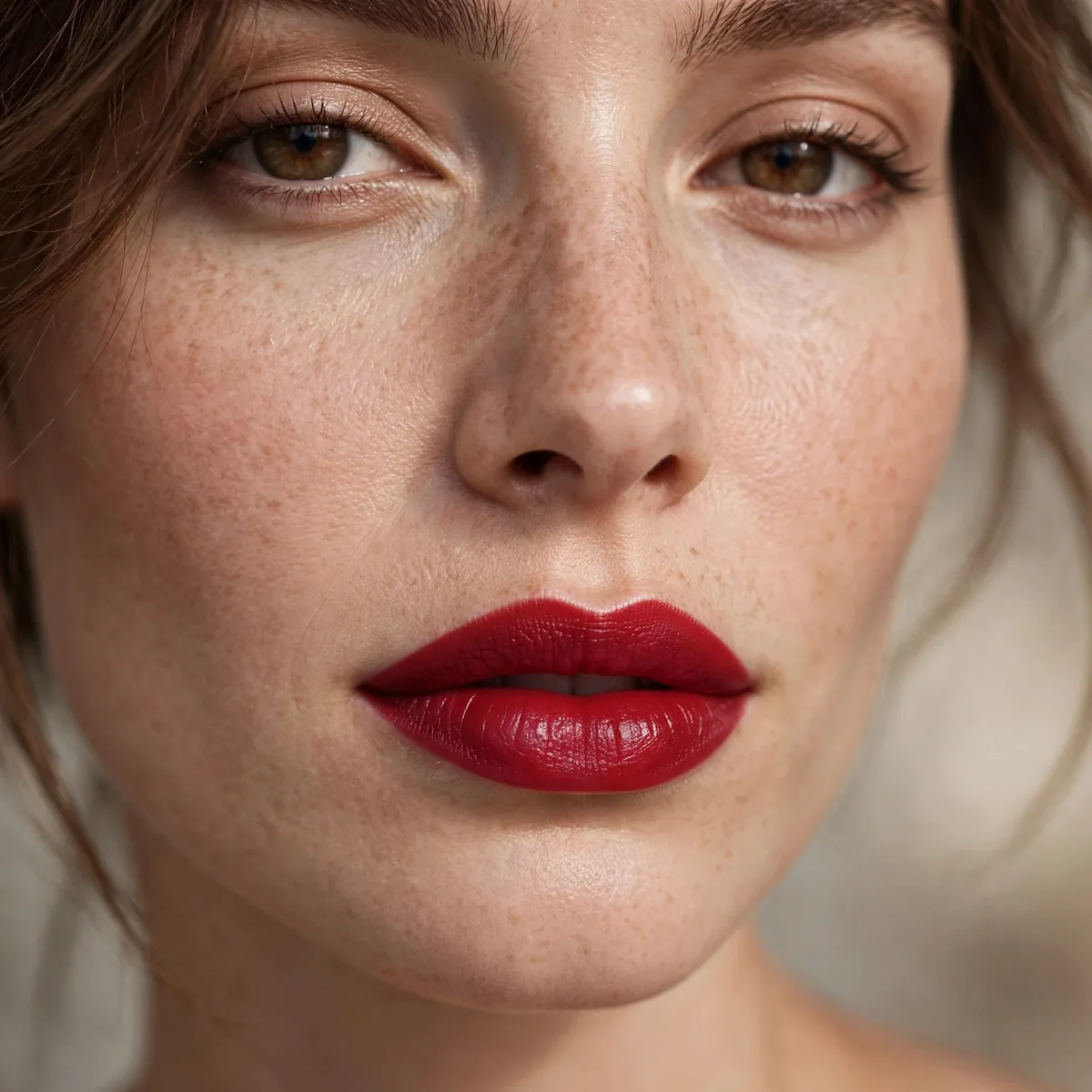 Beauty close-up of classic red lip highlighting a blue-based red lipstick and skin finish