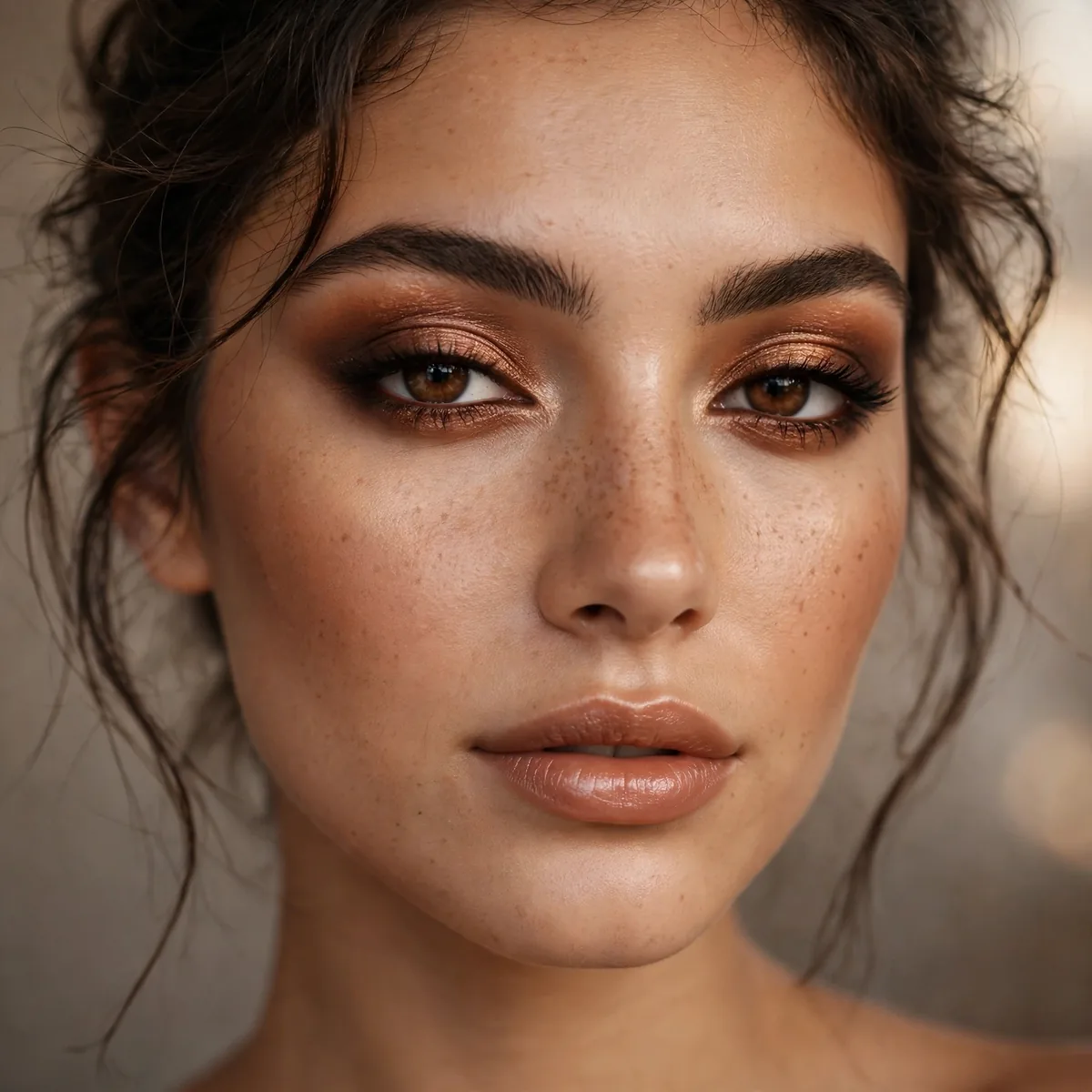 Portrait of woman with warm bronze smoky eye featuring blended bronze eyeshadow and softly contoured cheeks