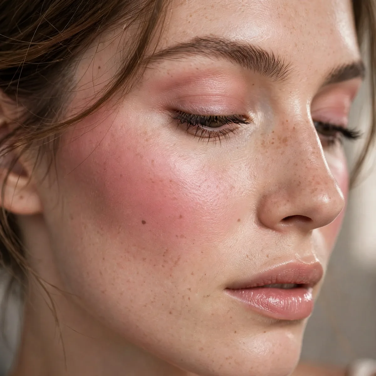 Beauty close-up of rosy blush focus highlighting draped pink blush and skin finish