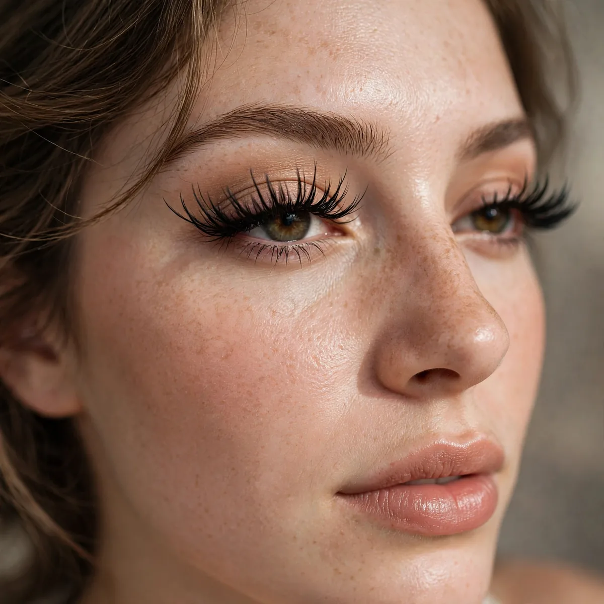Woman wearing bold lash focus with dramatic fluttery false lashes, photographed in soft natural light