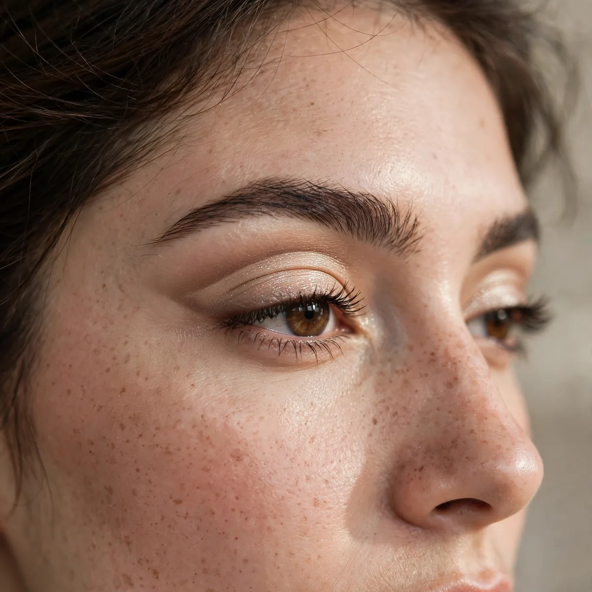 Woman wearing soft cut crease with a gently carved crease, photographed in soft natural light