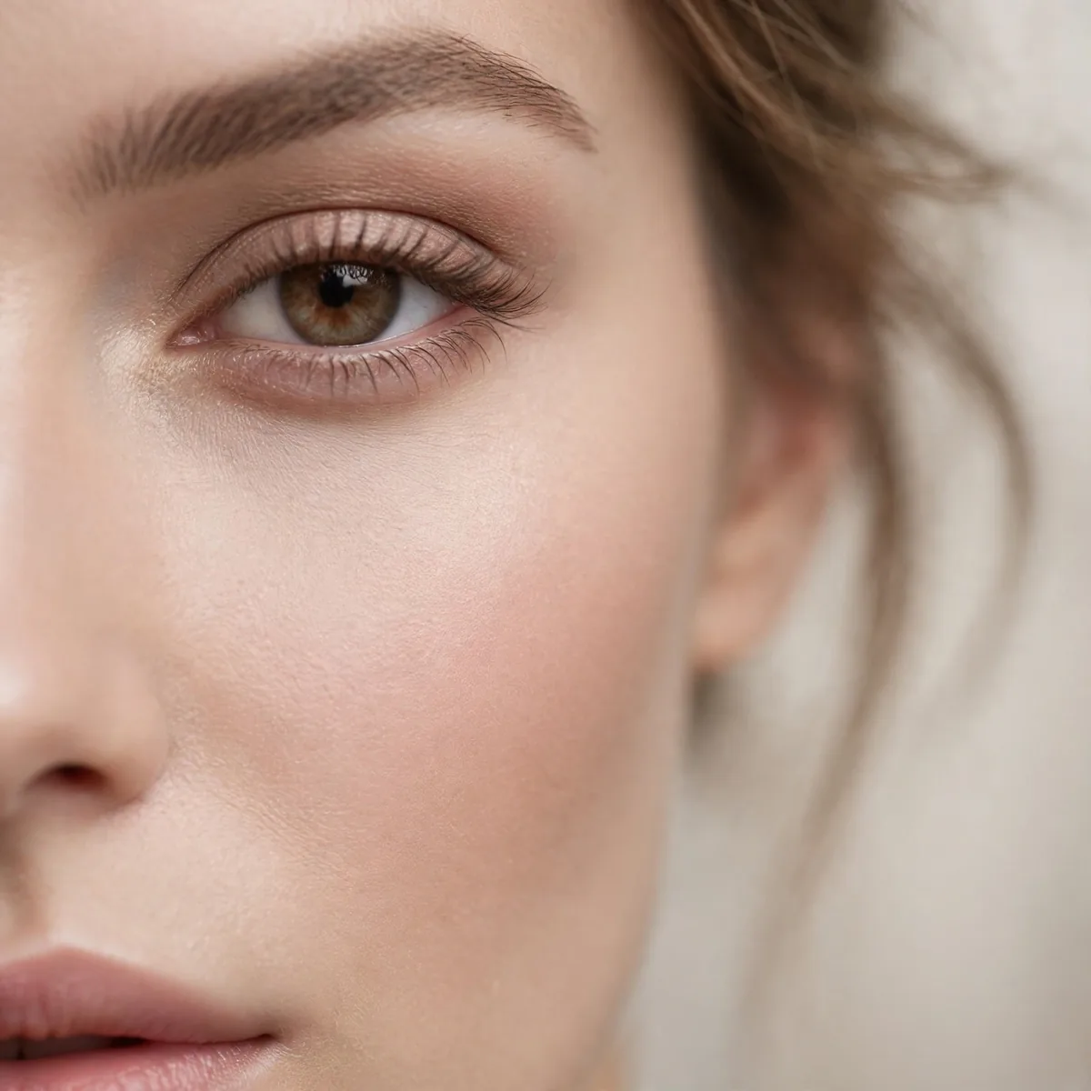 Close-up of camera-ready airbrushed base showing a blurred poreless base, flawlessly blended