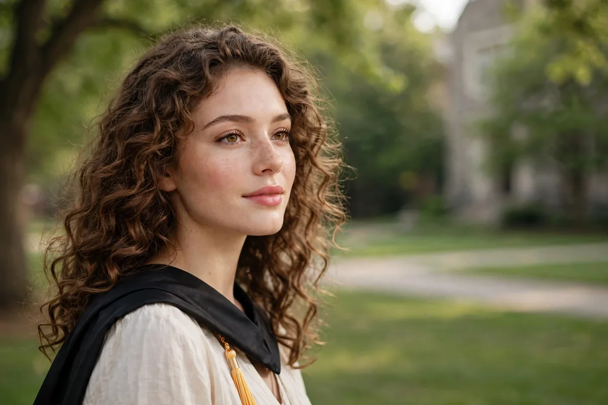 Graduating senior with flawless natural-glow makeup and soft curls for portrait photos