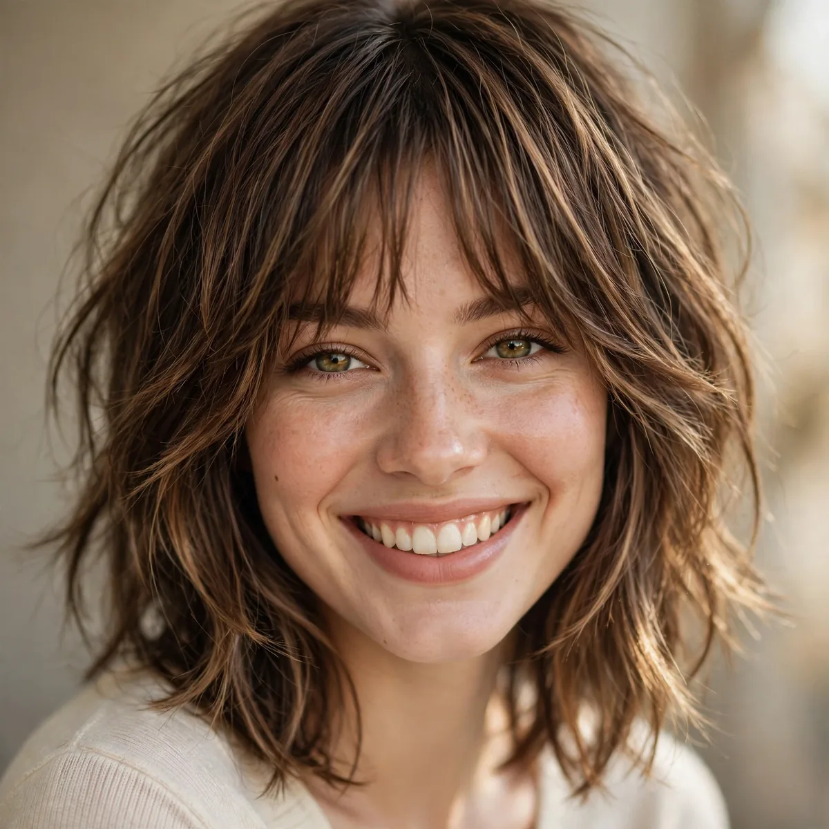 Woman smiling with shoulder-length shag with bangs, curtain bangs blending into layers visible in daylight