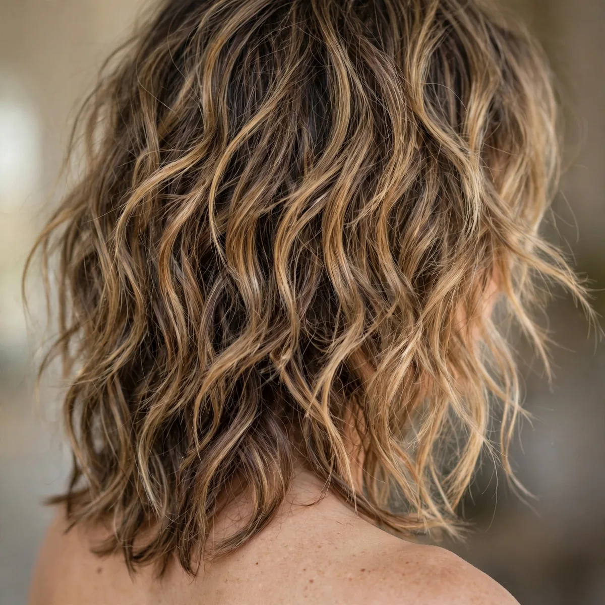 Back view of wavy textured shag highlighting beachy wave texture and natural movement