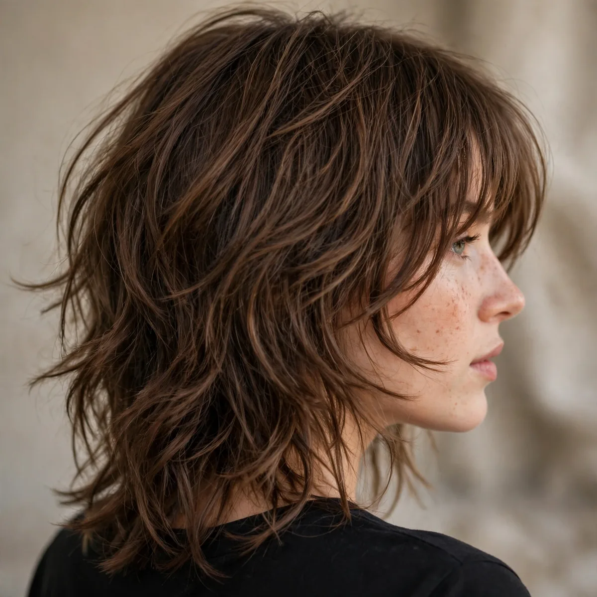 Back view of shag with curtain bangs highlighting face-framing curtain bangs and natural movement