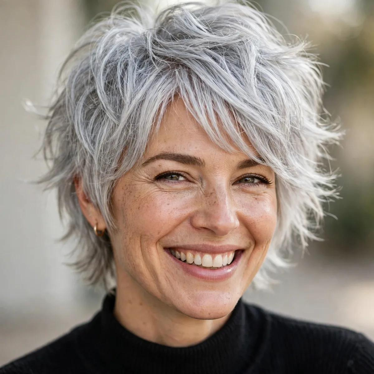Woman smiling with silver fox shag, luminous silver tones visible in daylight