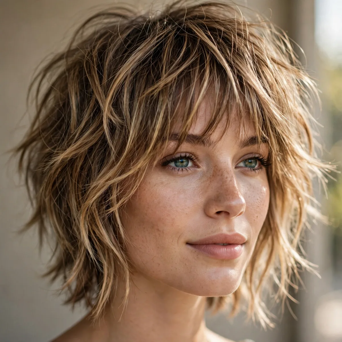 Woman wearing tousled shag with highlights with sun-kissed dimensional highlights, photographed in soft natural light