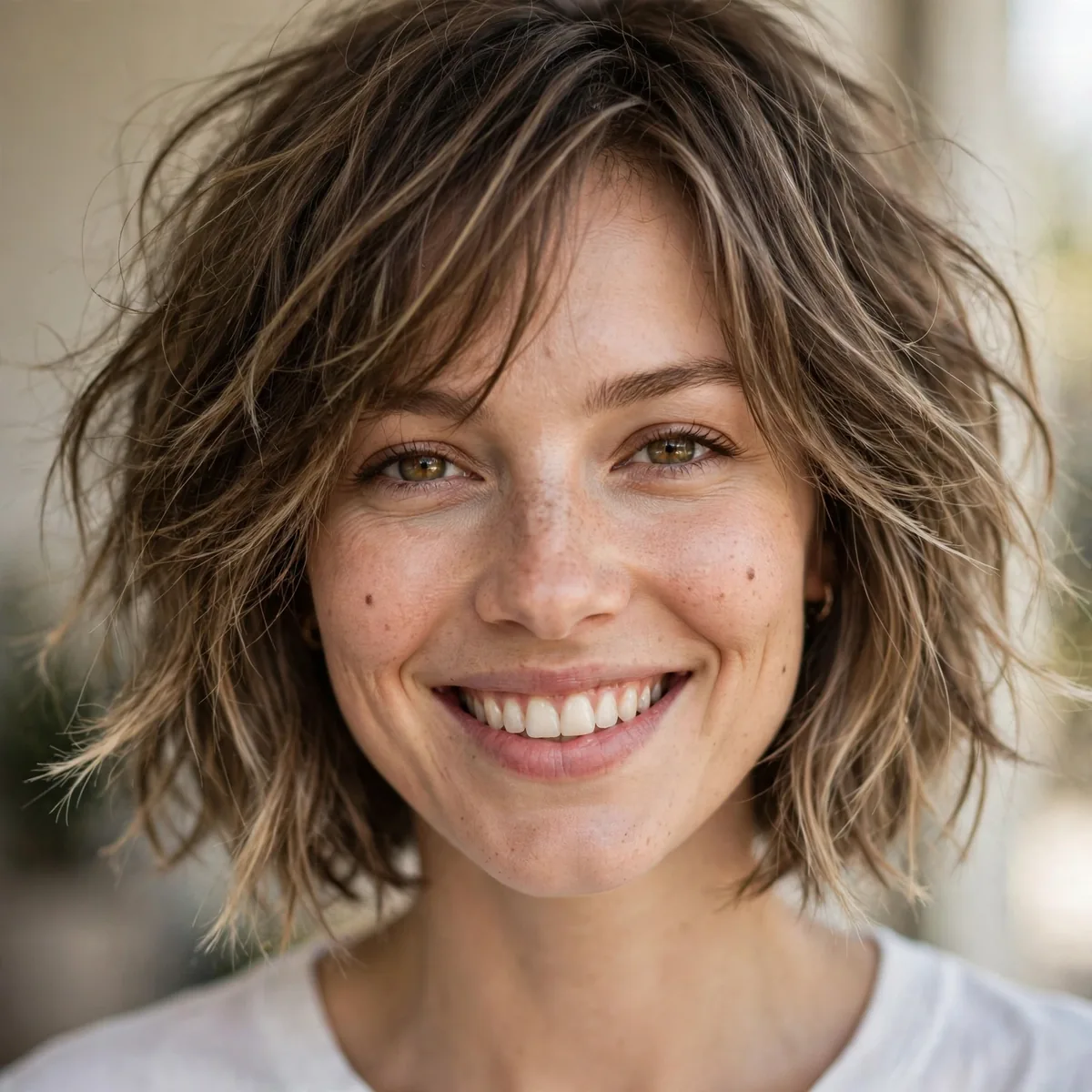 Woman smiling with wispy shag bob, wispy feathered ends visible in daylight