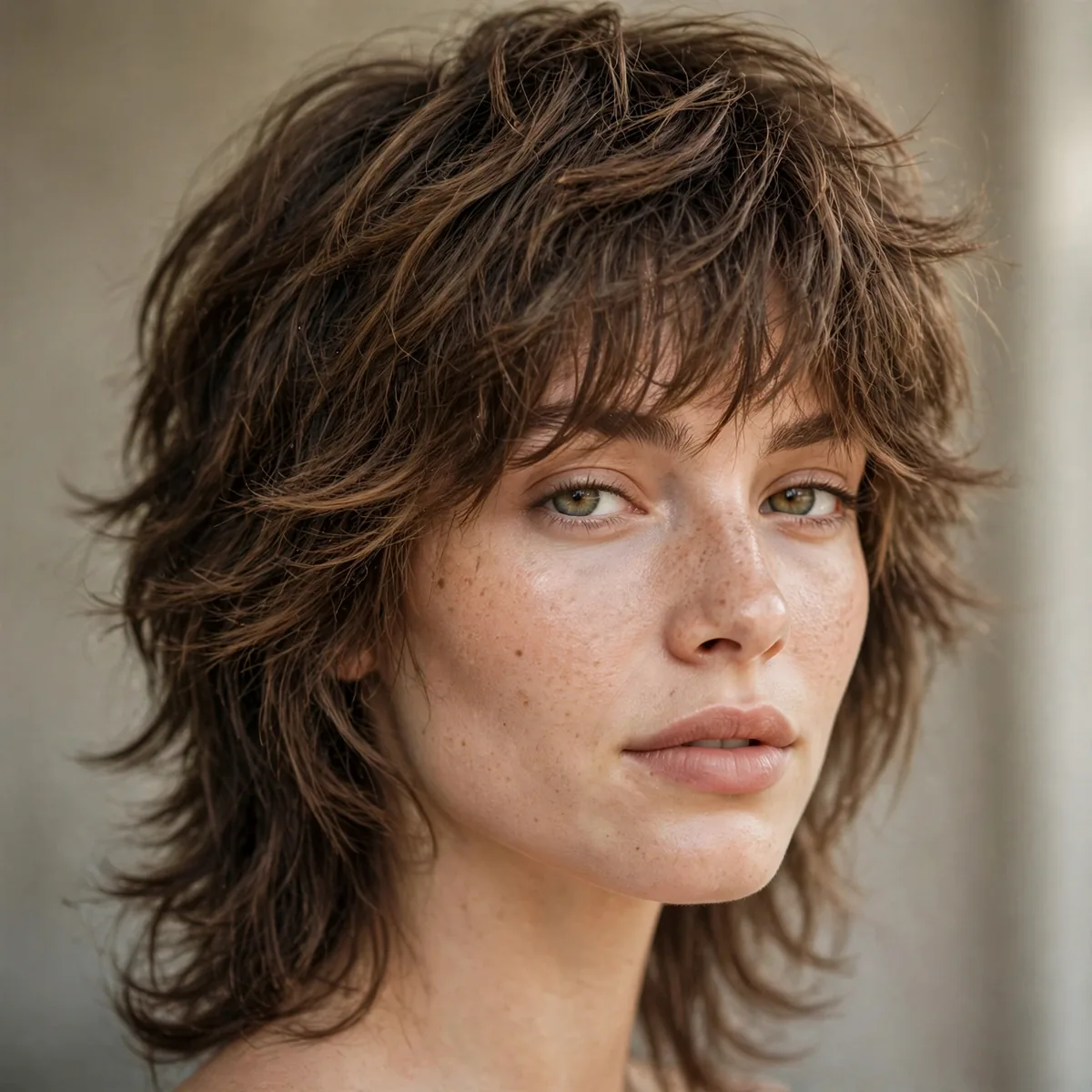 Woman wearing textured wolf cut shag with a mullet-inspired silhouette, photographed in soft natural light
