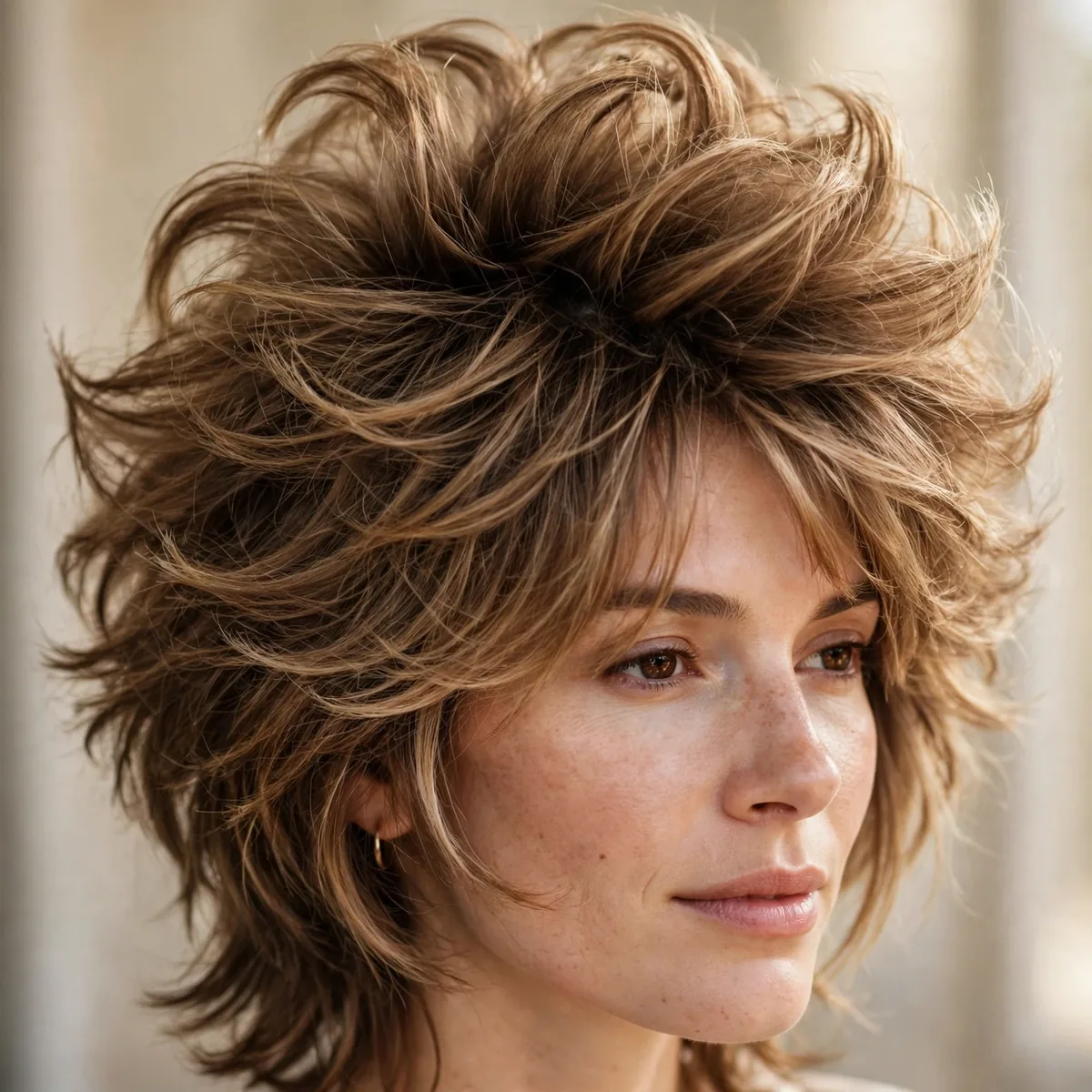 Close-up of voluminous crown shag showing stacked volume at the crown and textured ends