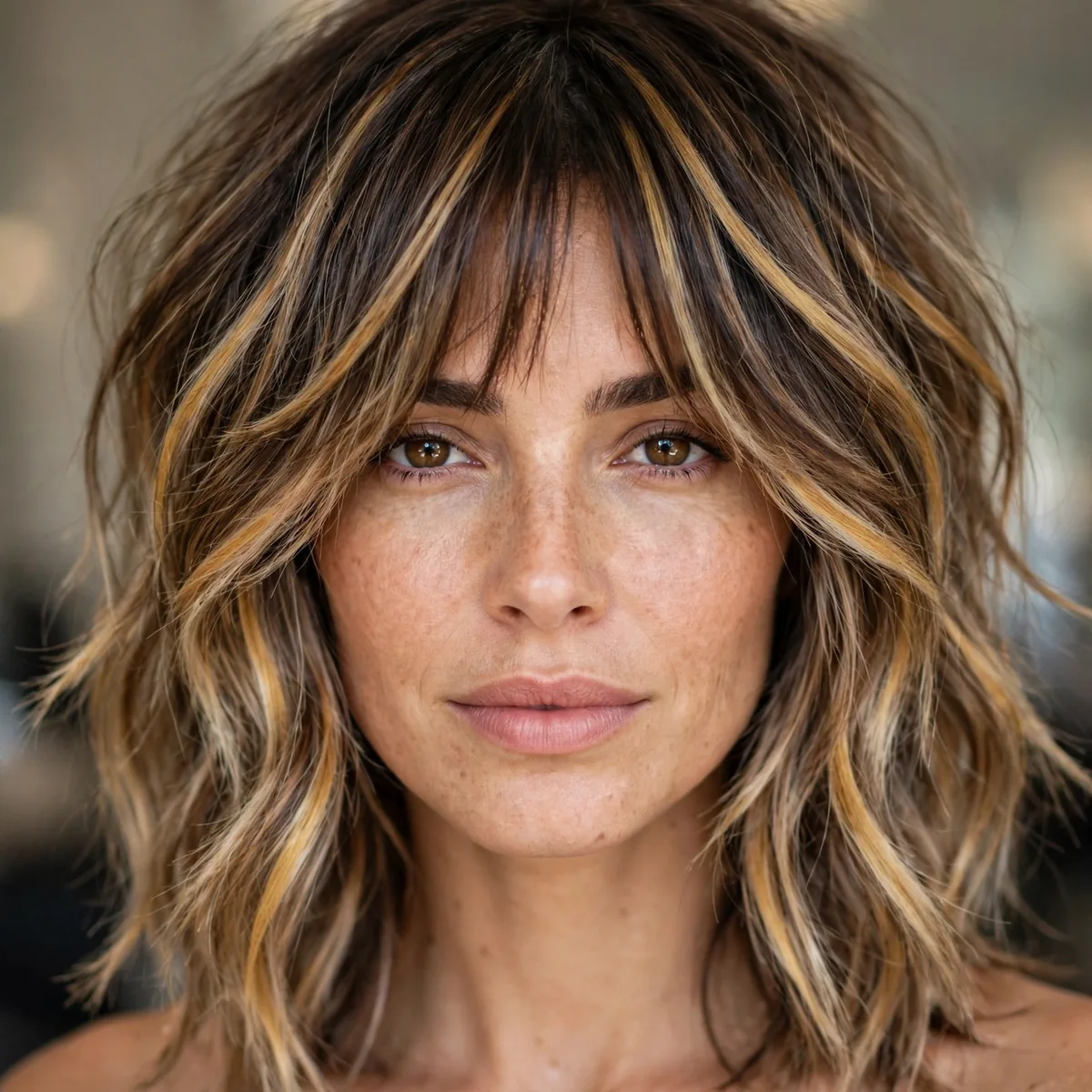 Salon-style photo of shag with balayage dimension with hand-painted balayage ribbons and healthy shine