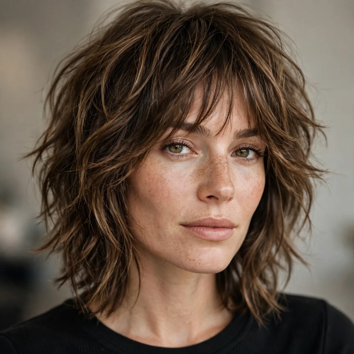 Salon-style photo of effortless air-dried shag with a wash-and-go layered cut and healthy shine