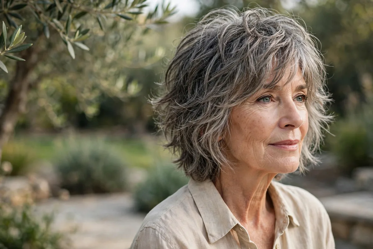 Older woman with a textured shaggy haircut and soft face-framing layers