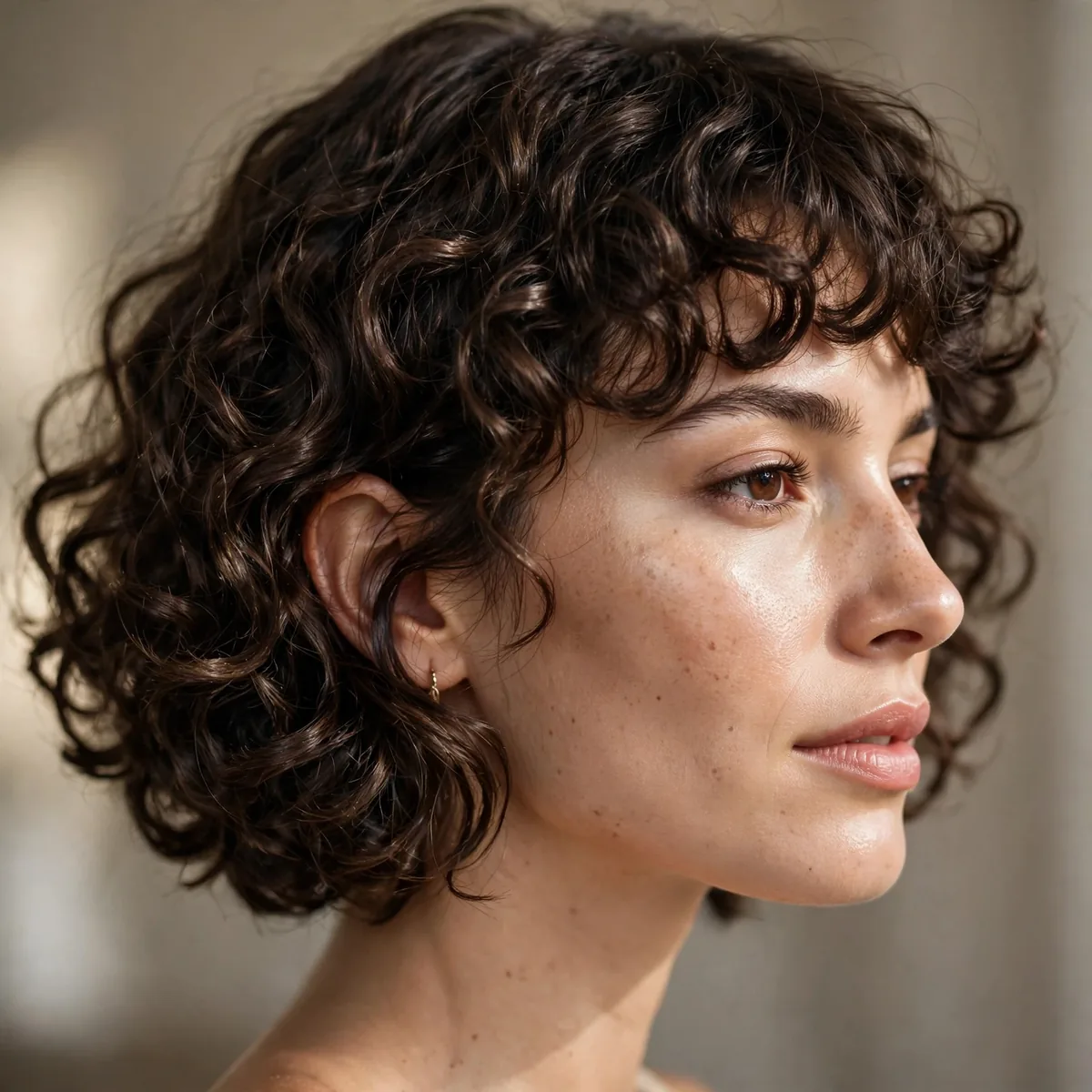 Side profile of woman with curly bob with curly bangs featuring bouncy defined curls