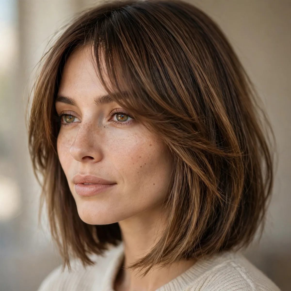 Woman wearing a-line bob with side bangs with a longer front angle, photographed in soft natural light