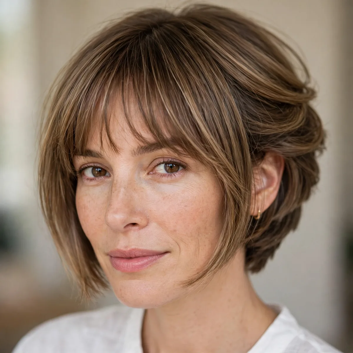 Woman wearing inverted bob with feathered bangs with a stacked graduated back, photographed in soft natural light