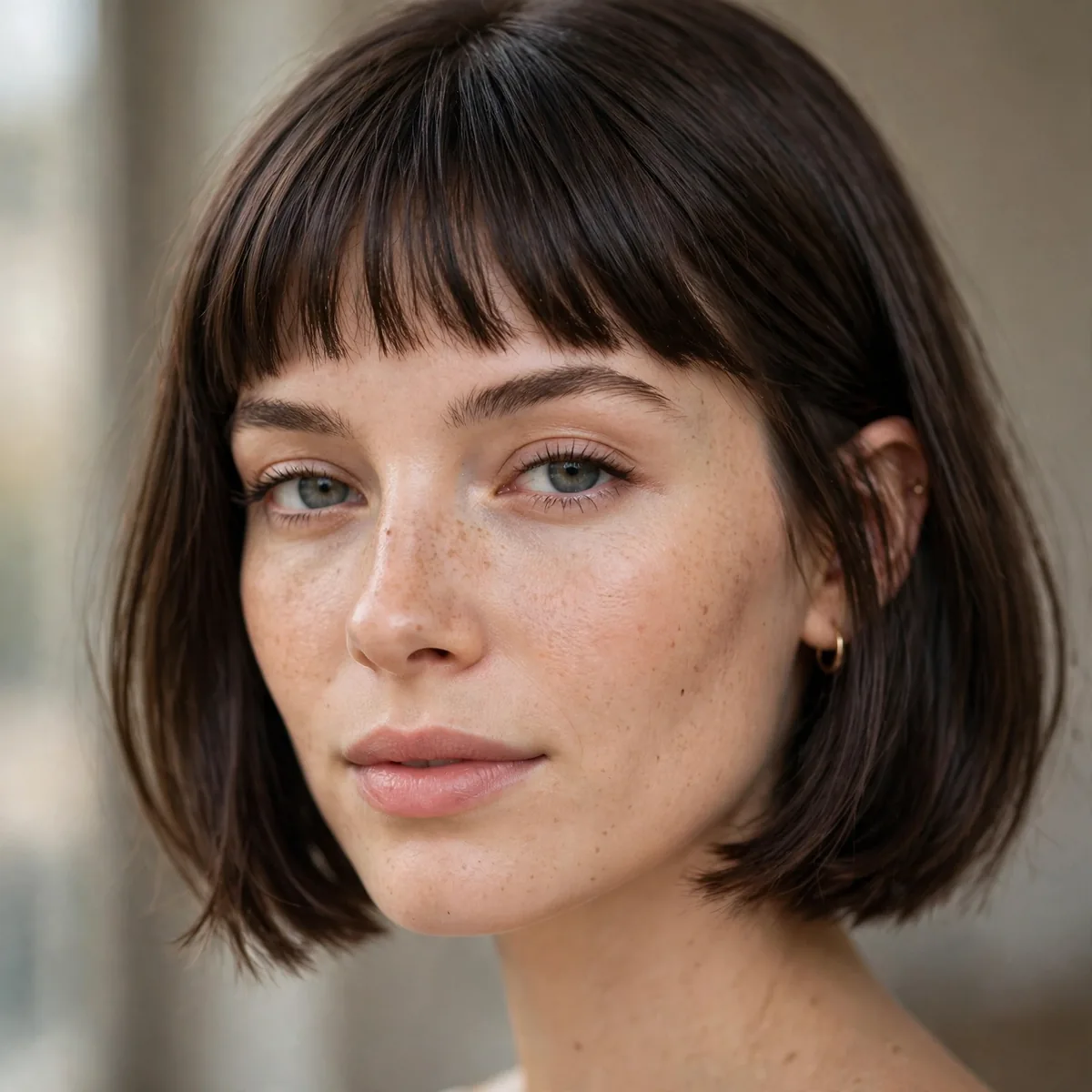 Woman wearing bob with baby bangs with a chin-length bob, photographed in soft natural light