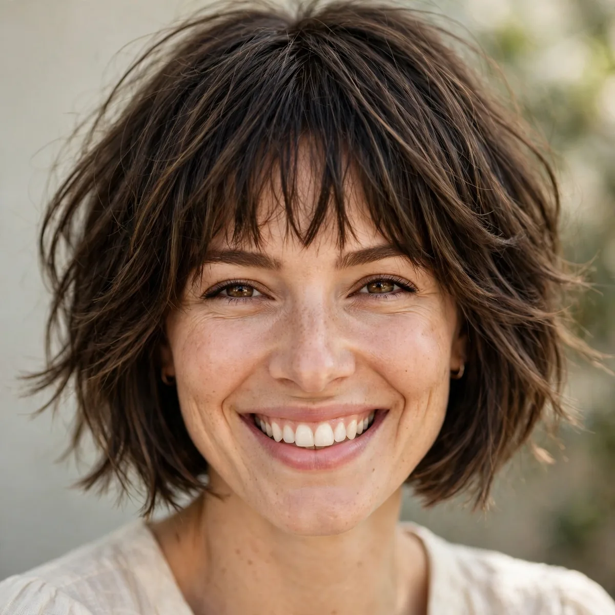Woman smiling with layered bob with piecey bangs, internal layers for movement visible in daylight