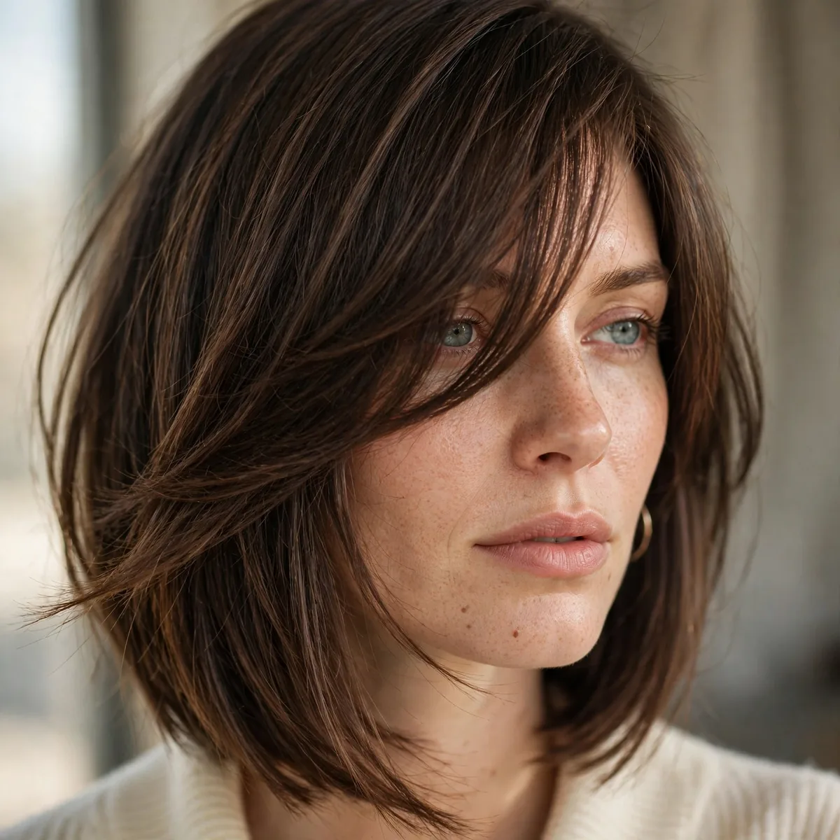 Woman wearing asymmetric bob with long bangs with an off-center asymmetric cut, photographed in soft natural light