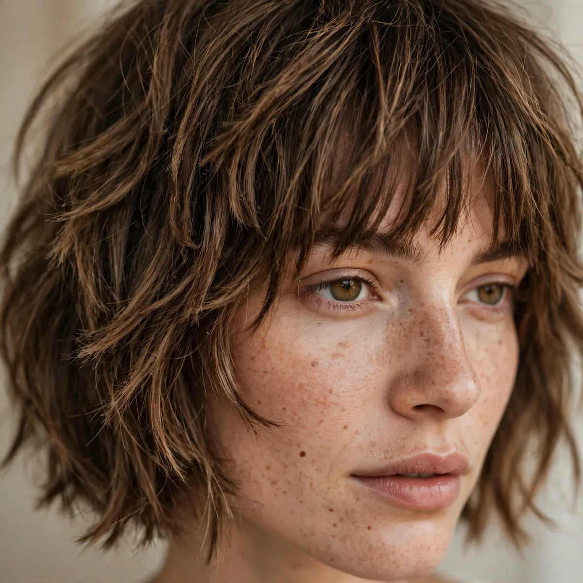 Close-up of shaggy bob with shaggy bangs showing undone shaggy texture and textured ends
