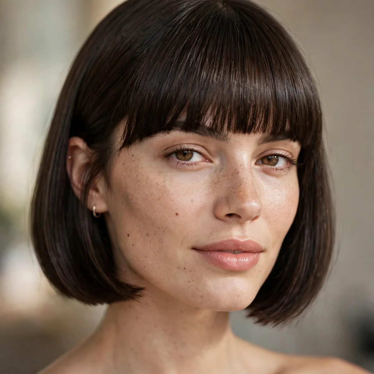 Woman wearing chin-length bob with full bangs with a precise chin-length line, photographed in soft natural light