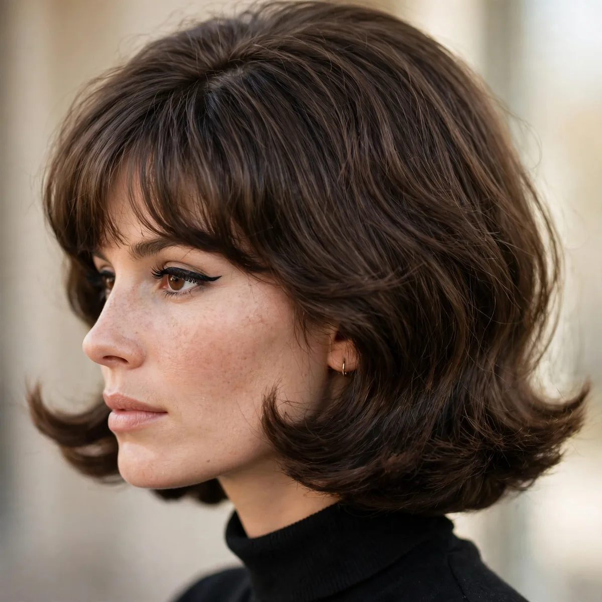 Side profile of woman with bob with bardot bangs featuring a sixties-inspired silhouette