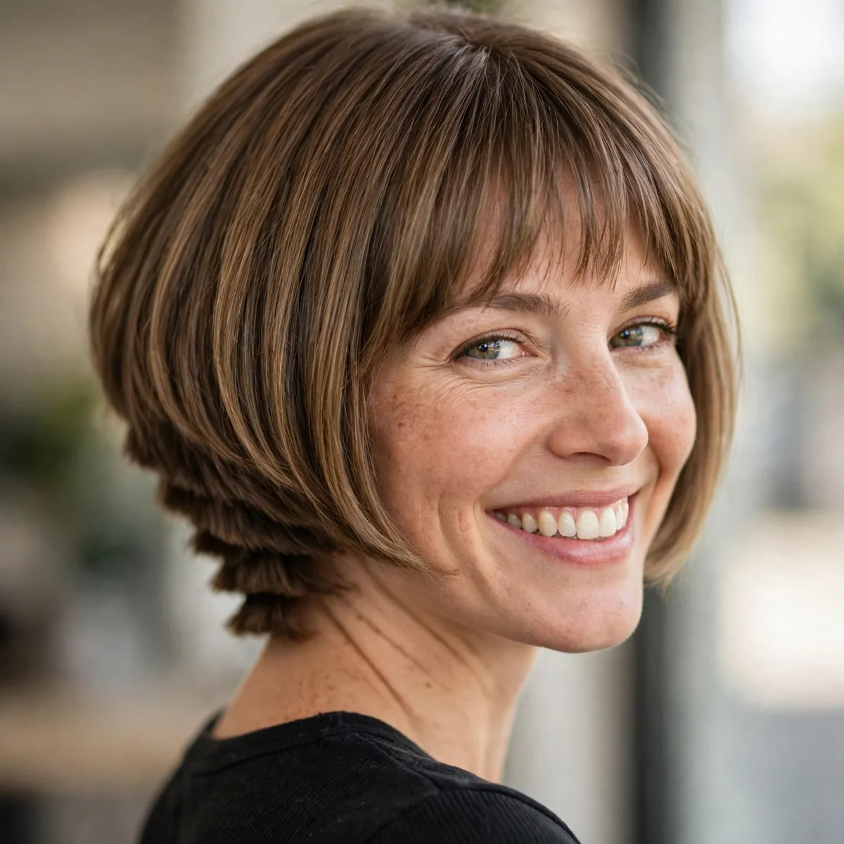 Woman smiling with graduated bob with tapered bangs, a graduated stacked nape visible in daylight