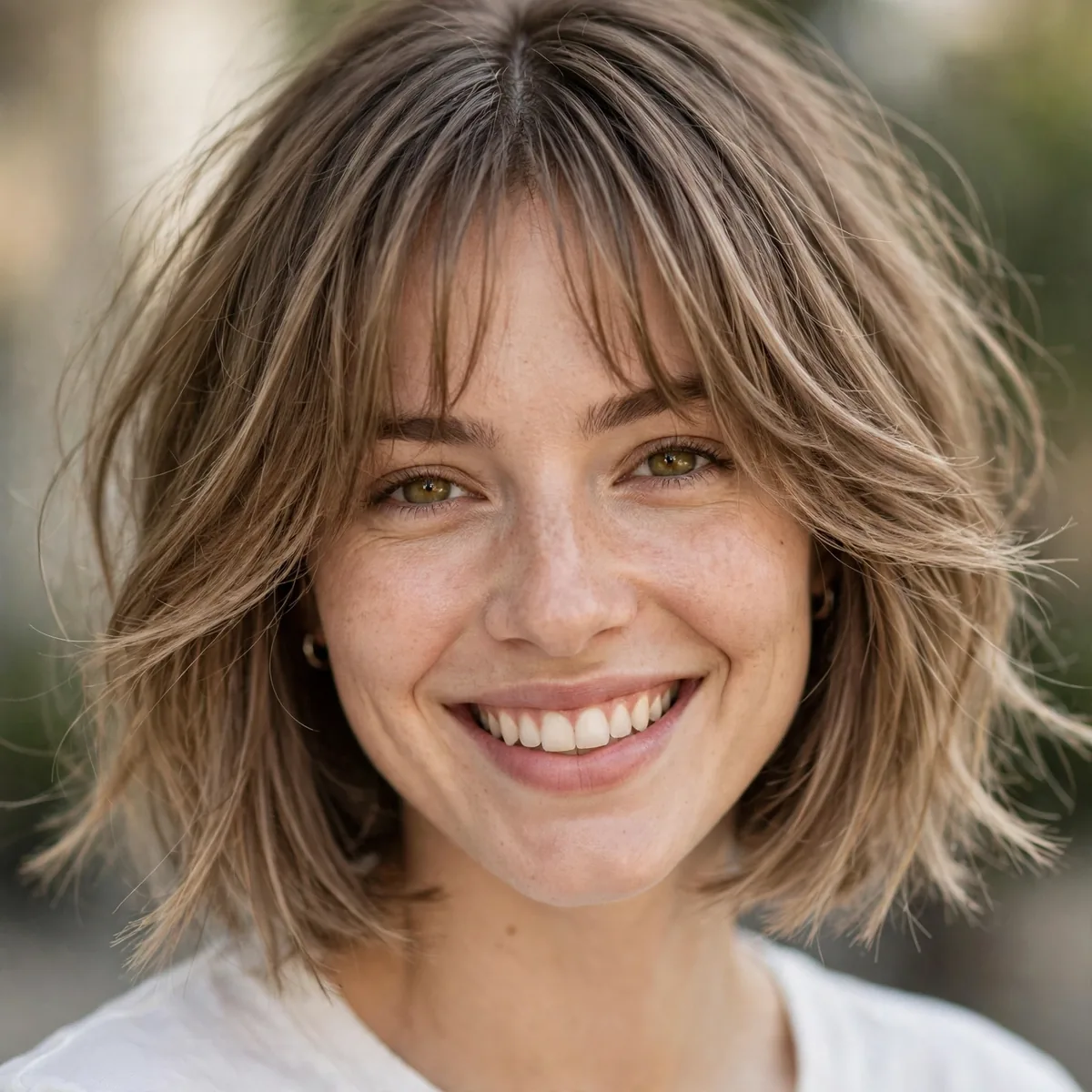 Woman smiling with bob with wispy curtain bangs, airy face-framing layers visible in daylight