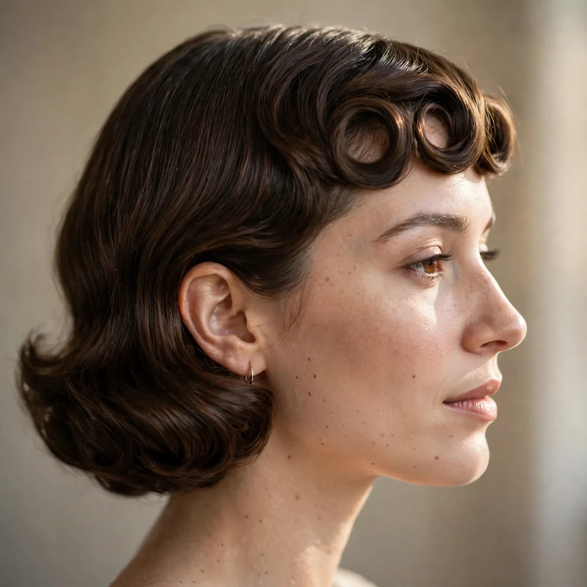 Side profile of woman with vintage bob with pin-curl bangs featuring a retro rounded shape