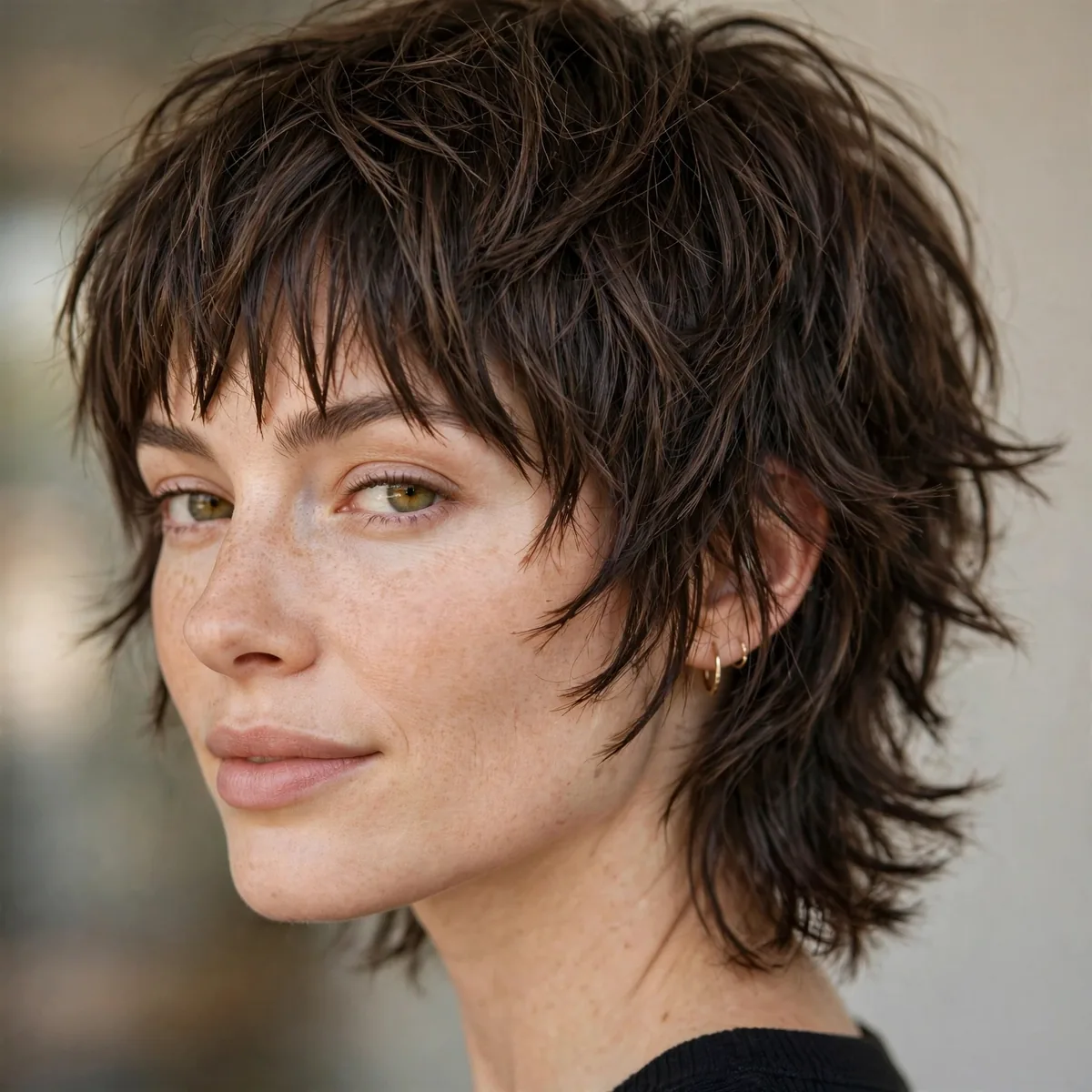 Close-up of modern mixie bob with textured bangs showing a mullet-pixie hybrid cut and textured ends