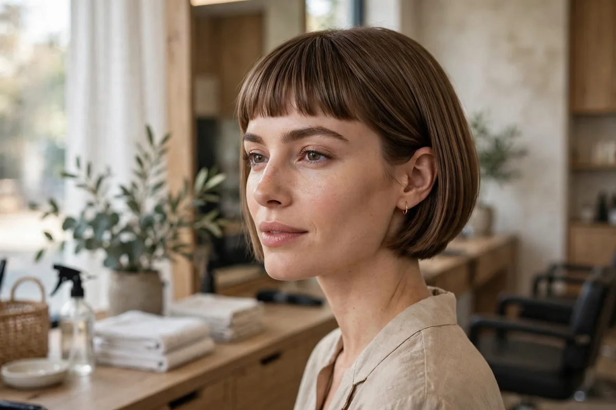 Woman with a short bob haircut and straight-across bangs in a salon