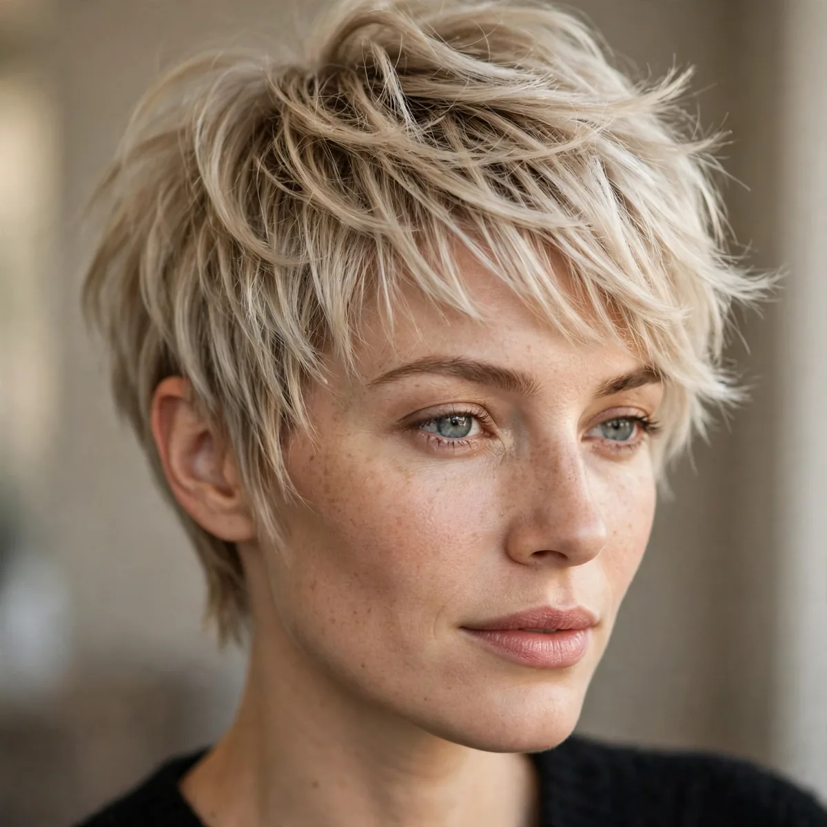 Woman wearing feathered pixie layers with light feathered layering, photographed in soft natural light