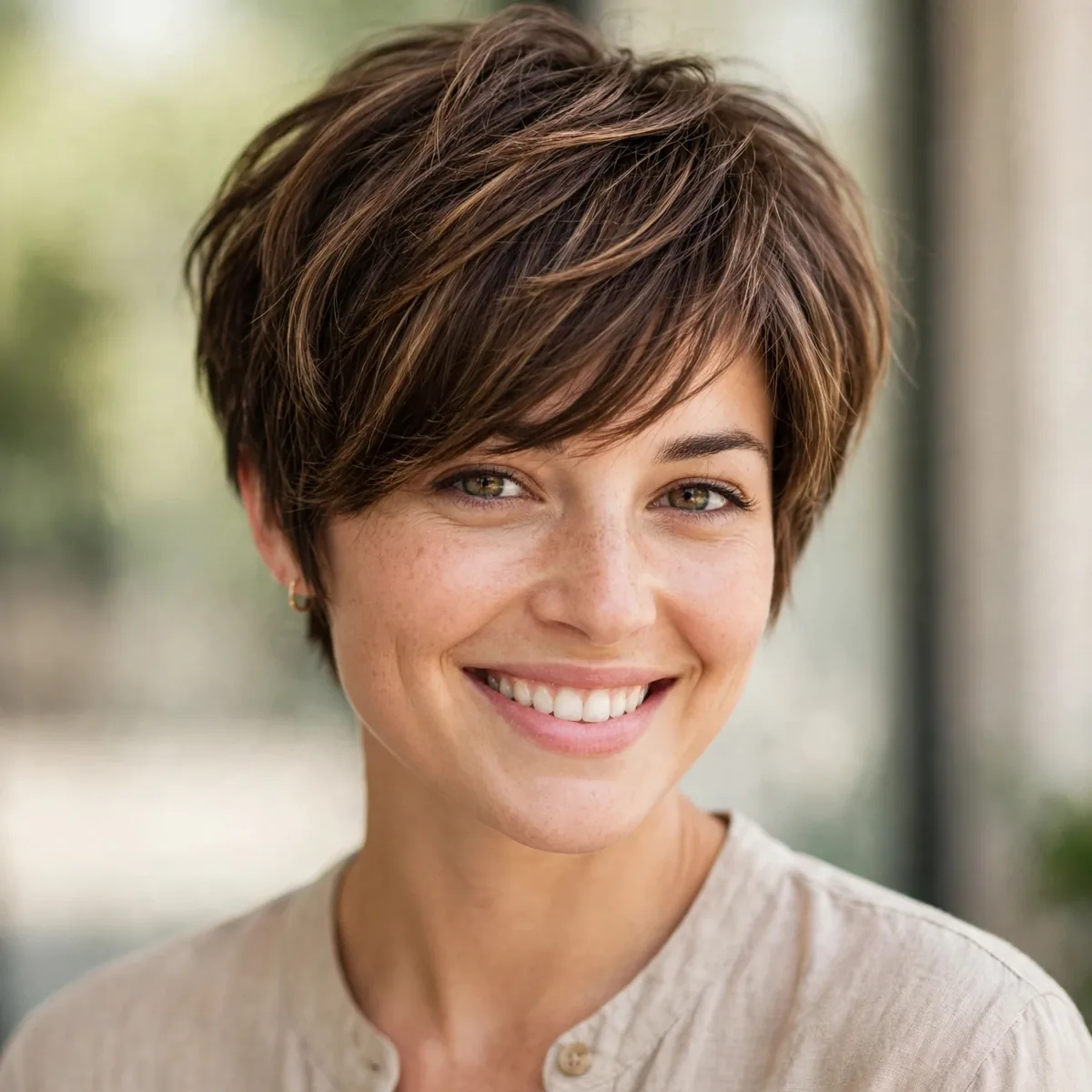 Woman smiling with layered bixie cut, a bob-pixie hybrid shape visible in daylight