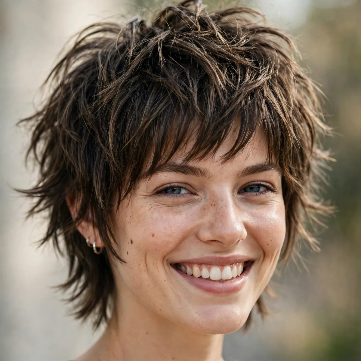 Woman smiling with shaggy short layers, rock-inspired shaggy texture visible in daylight