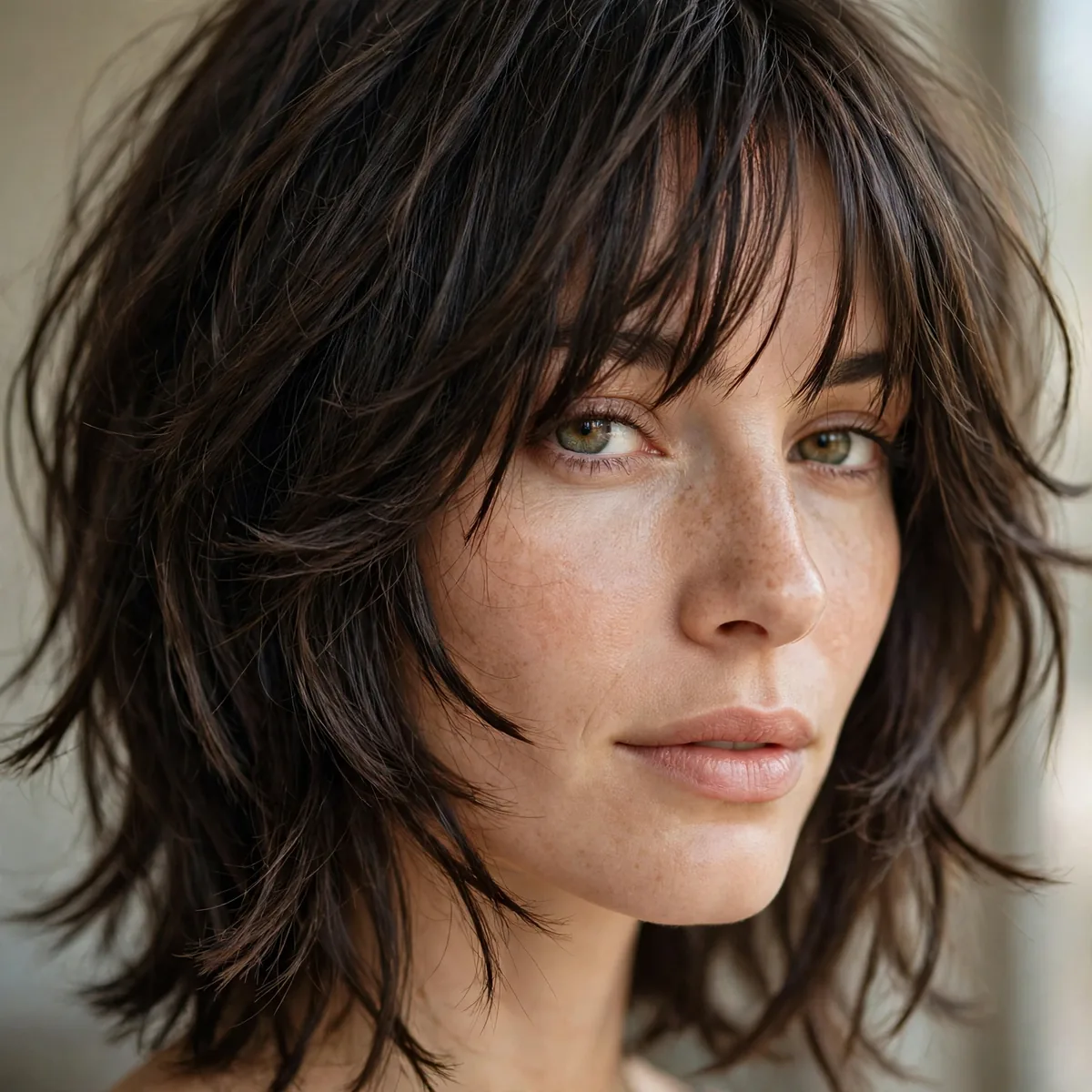 Woman wearing razored edge layers with razor-cut feathered edges, photographed in soft natural light
