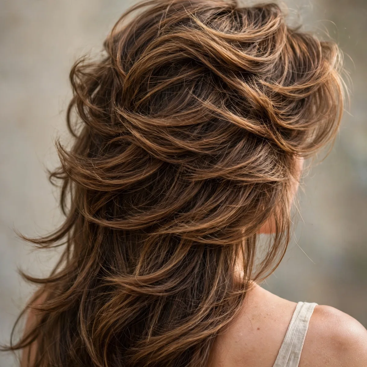 Back view of voluminous crown layers highlighting stacked crown volume and natural movement