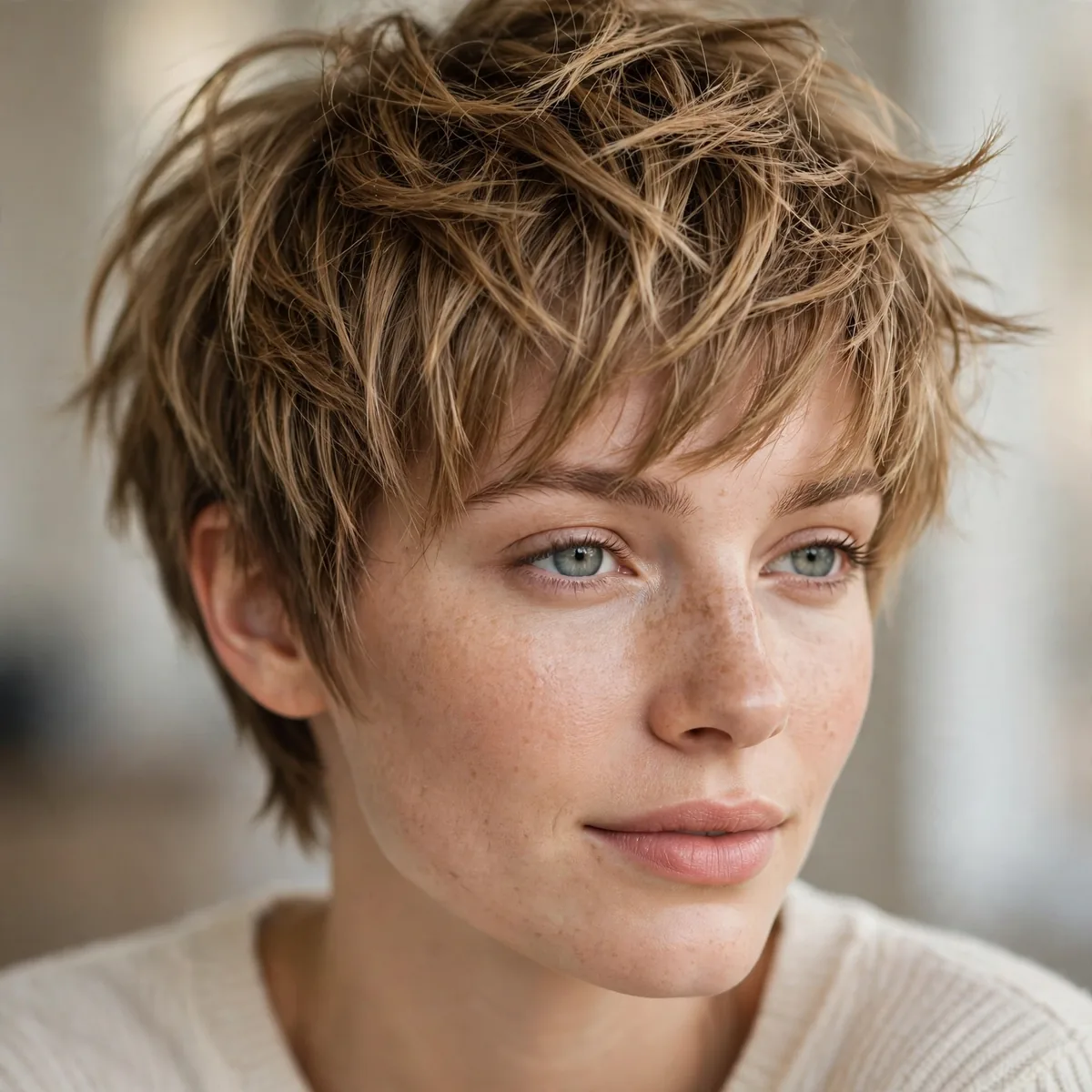 Woman wearing piecey pixie layers with separated pixie pieces, photographed in soft natural light