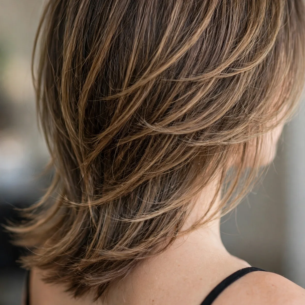 Back view of wispy tapered layers highlighting a softly tapered nape and natural movement