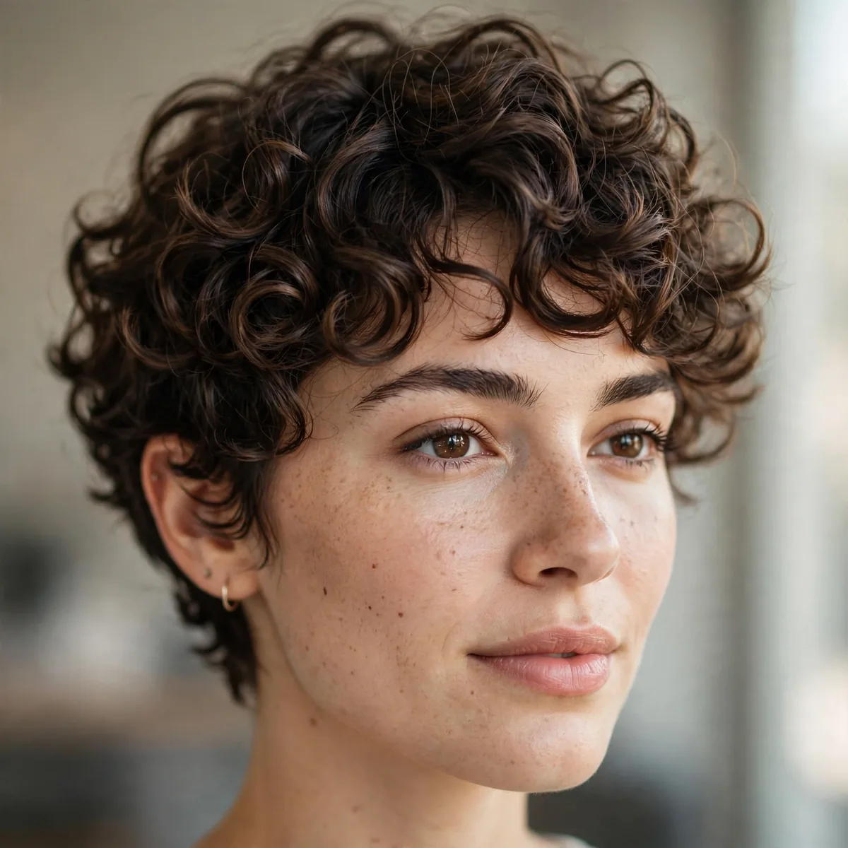 Woman wearing curly short layers with curl-by-curl layered shaping, photographed in soft natural light