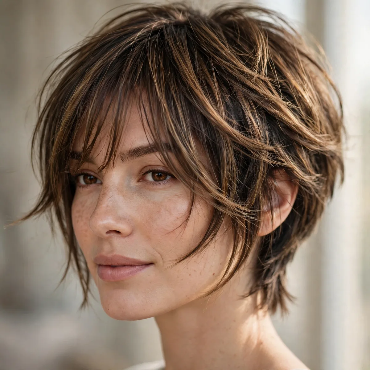 Woman wearing layered crop with long fringe with a cropped layered back, photographed in soft natural light