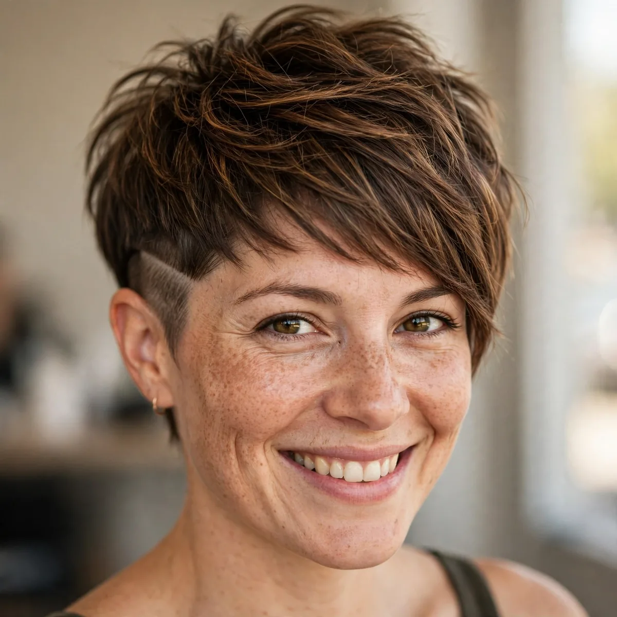 Woman smiling with layered undercut pixie, a hidden undercut panel visible in daylight