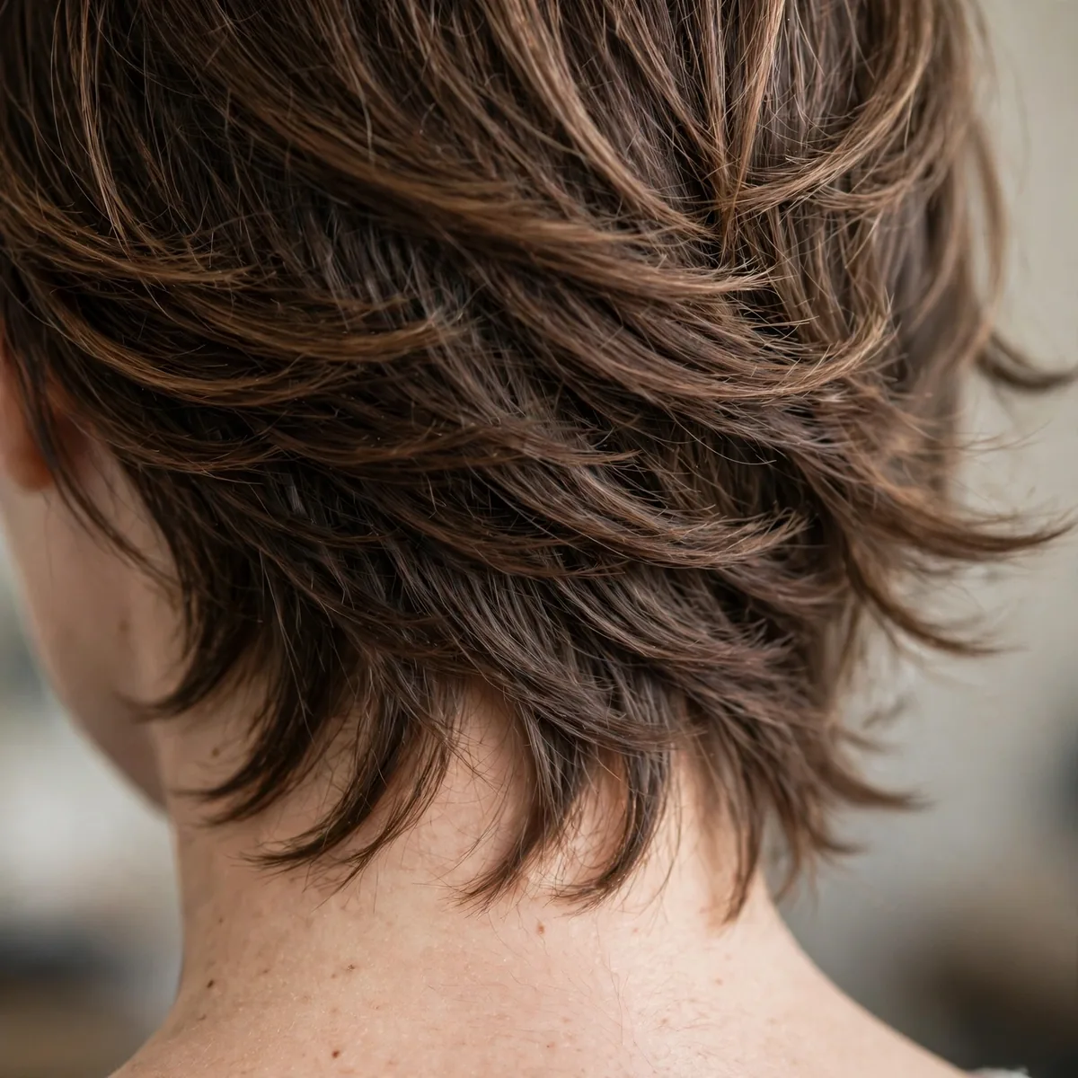 Back view of feathered nape layers highlighting a feathered soft nape and natural movement