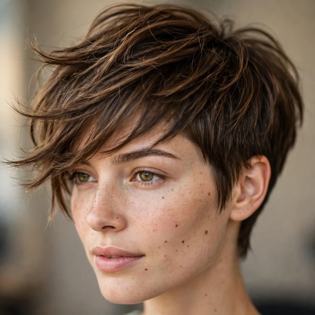 Close-up of long-top pixie showing length left through the top and textured ends