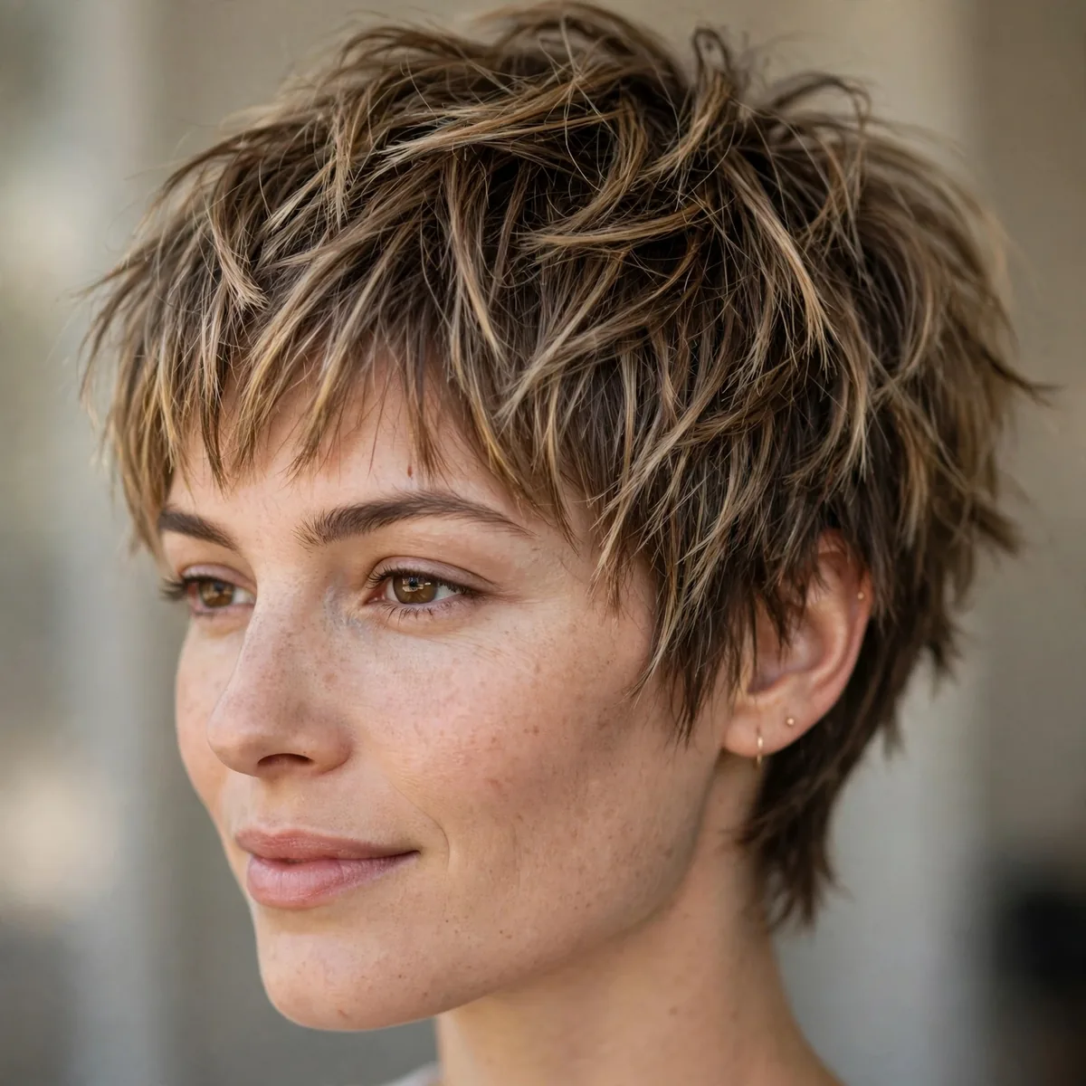 Close-up of choppy pixie with layers showing all-over choppy layering and textured ends